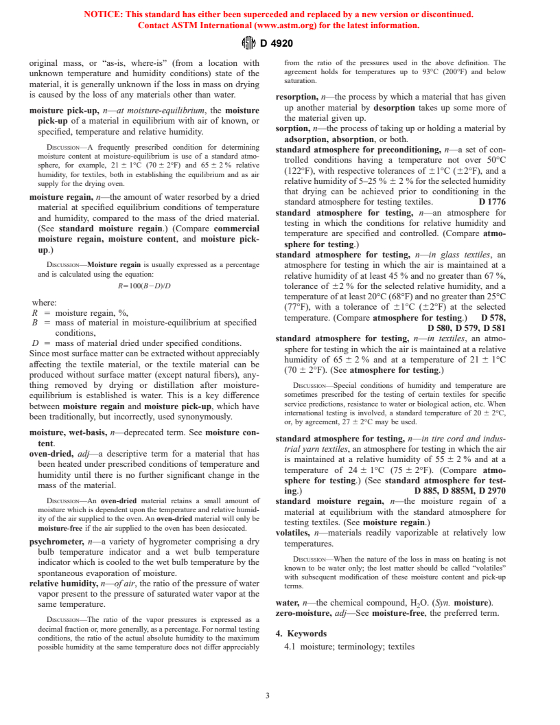 ASTM D4920-98 - Standard Terminology Relating to Moisture in Textiles