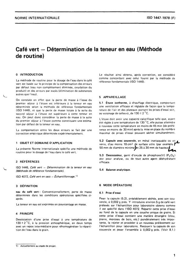 ISO 1447:1978 - Café vert -- Détermination de la teneur en eau (Méthode de routine)