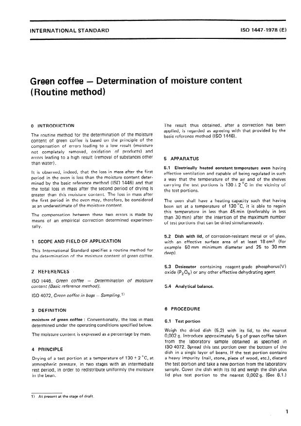 ISO 1447:1978 - Green coffee -- Determination of moisture content (Routine method)