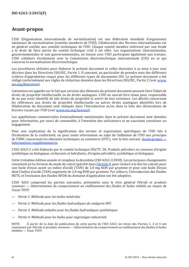 ISO 4263-3:2015 ISO 4263-3:2015 - Pétrole et produits connexes -- Détermination du comportement au vieillissement des fluides et huiles inhibés au moyen de l'essai TOST - Page 4 preview