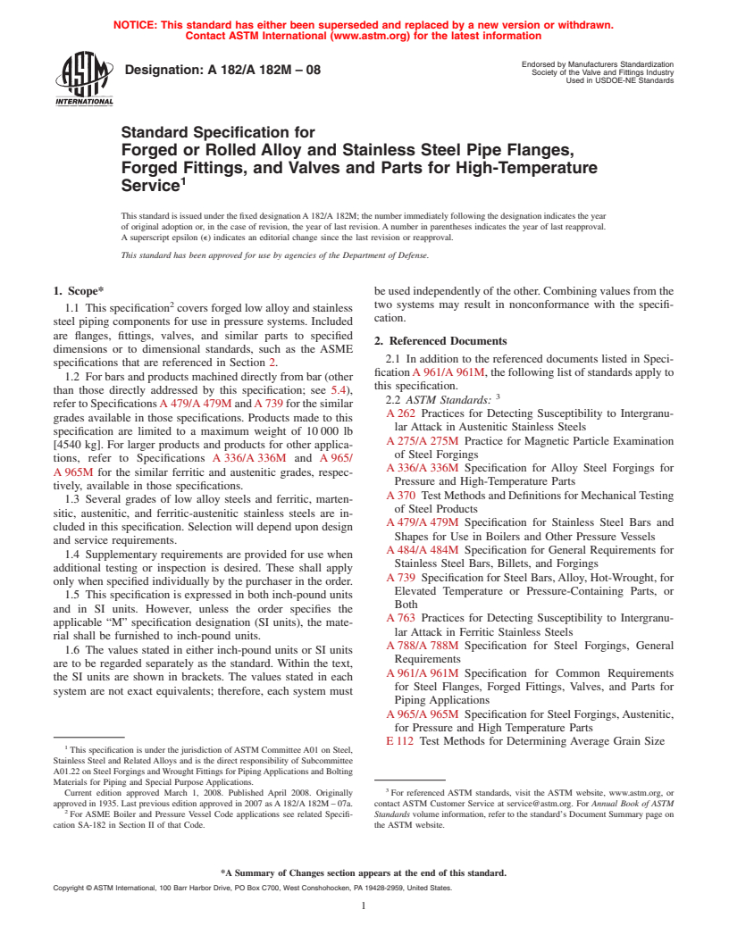 ASTM A182/A182M-08 - Standard Specification for  Forged or Rolled Alloy and Stainless Steel Pipe Flanges, Forged Fittings, and Valves and Parts for High-Temperature Service