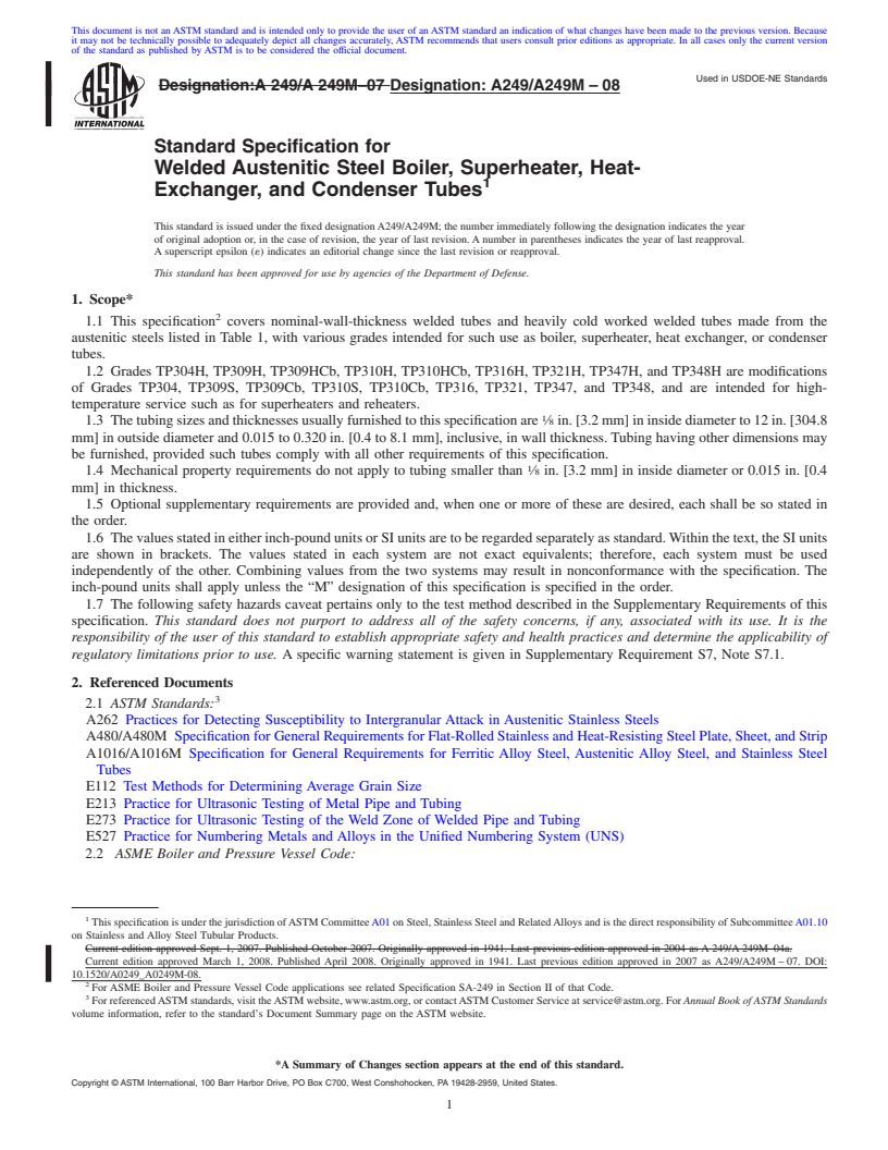 REDLINE ASTM A249/A249M-08 - Standard Specification for  Welded Austenitic Steel Boiler, Superheater, Heat-Exchanger, and Condenser Tubes