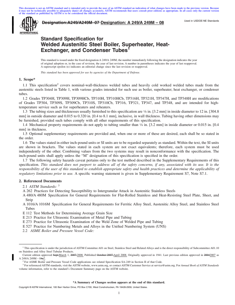 REDLINE ASTM A249/A249M-08 - Standard Specification for  Welded Austenitic Steel Boiler, Superheater, Heat-Exchanger, and Condenser Tubes