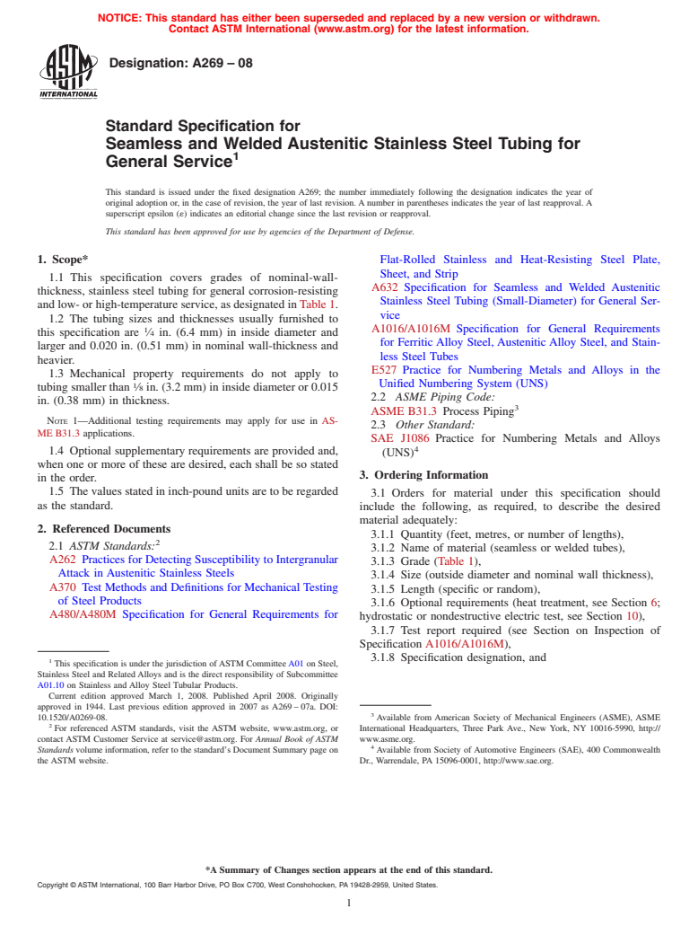 ASTM A269-08 - Standard Specification for Seamless and Welded Austenitic Stainless Steel Tubing for General Service