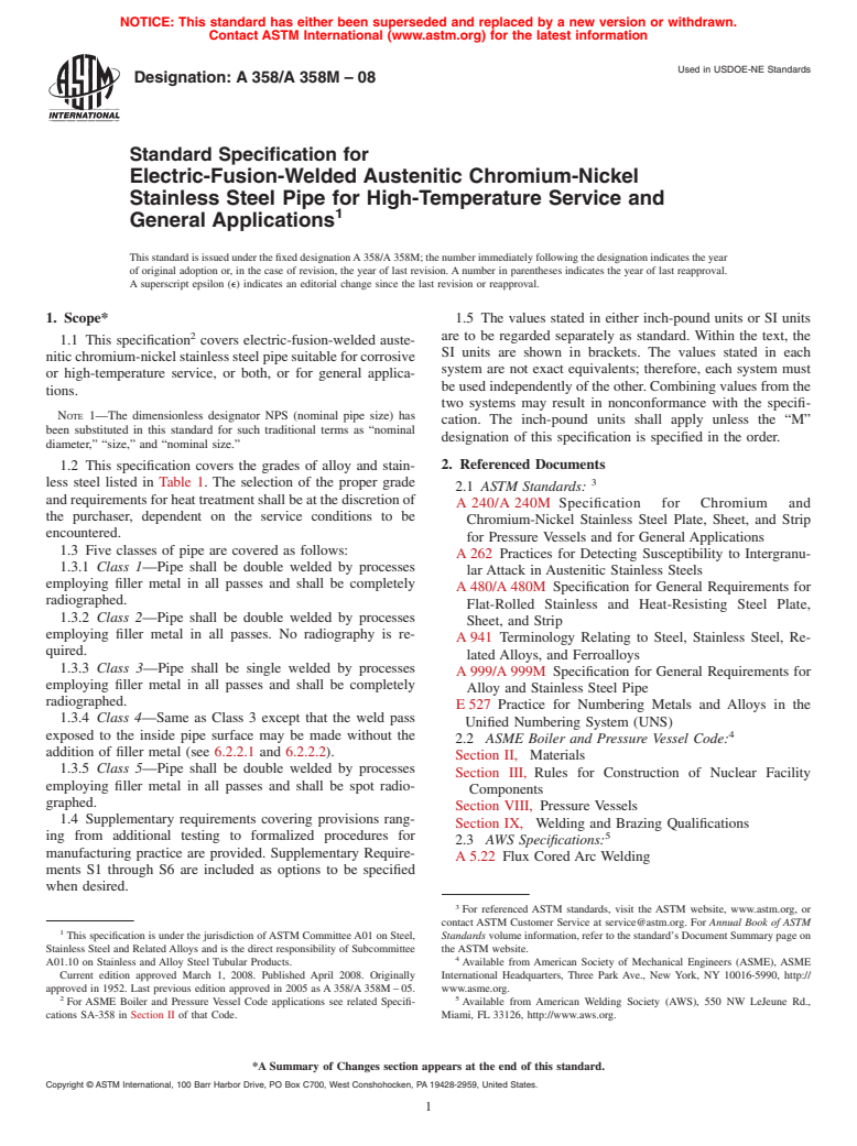 ASTM A358/A358M-08 - Standard Specification for  Electric-Fusion-Welded Austenitic Chromium-Nickel Stainless Steel Pipe for High-Temperature Service and General Applications