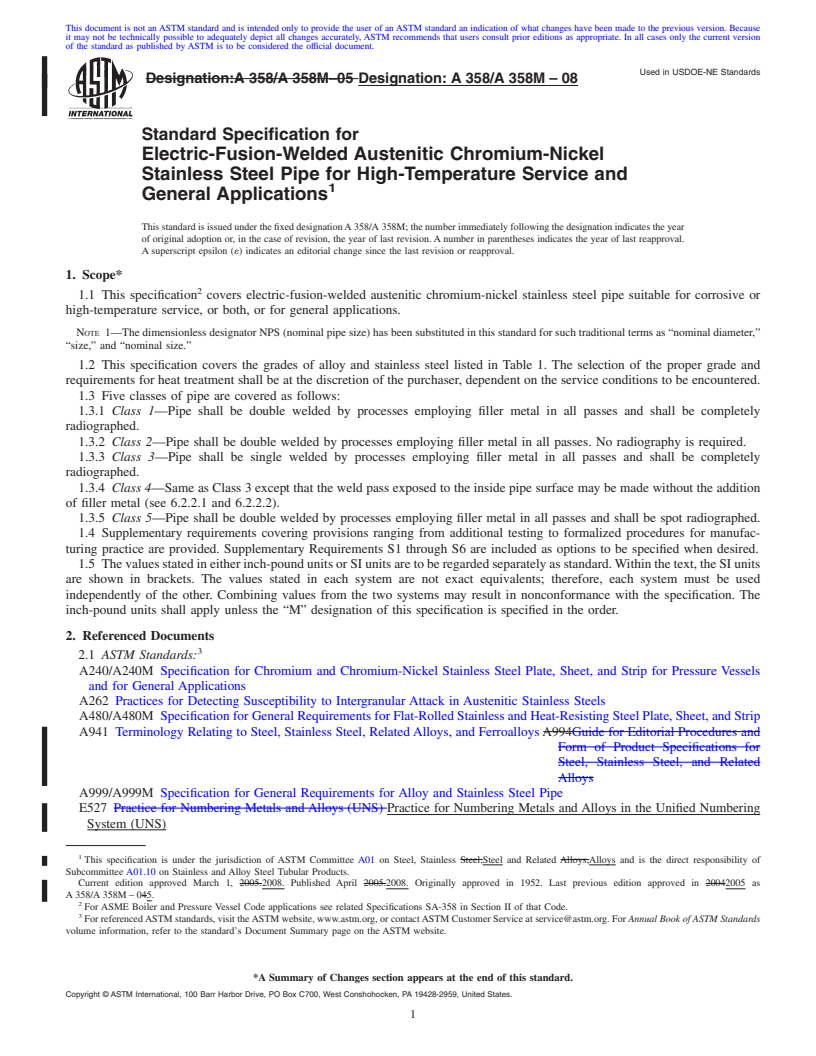 REDLINE ASTM A358/A358M-08 - Standard Specification for  Electric-Fusion-Welded Austenitic Chromium-Nickel Stainless Steel Pipe for High-Temperature Service and General Applications
