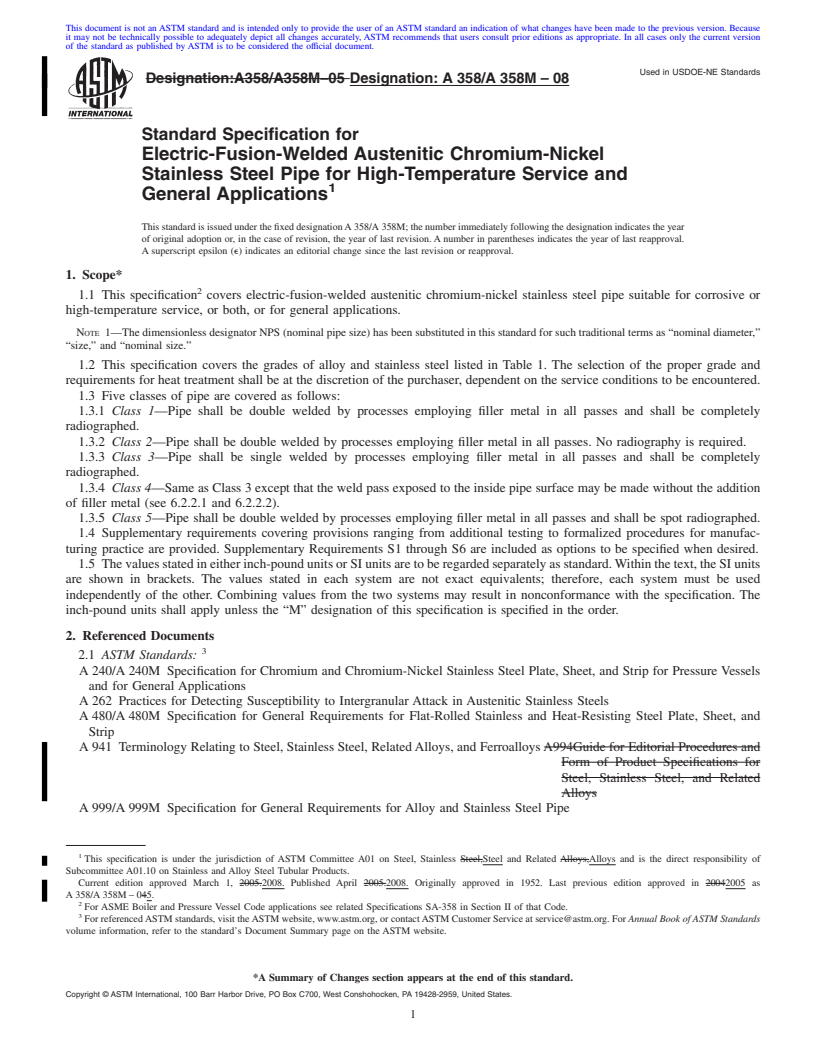 REDLINE ASTM A358/A358M-08 - Standard Specification for  Electric-Fusion-Welded Austenitic Chromium-Nickel Stainless Steel Pipe for High-Temperature Service and General Applications