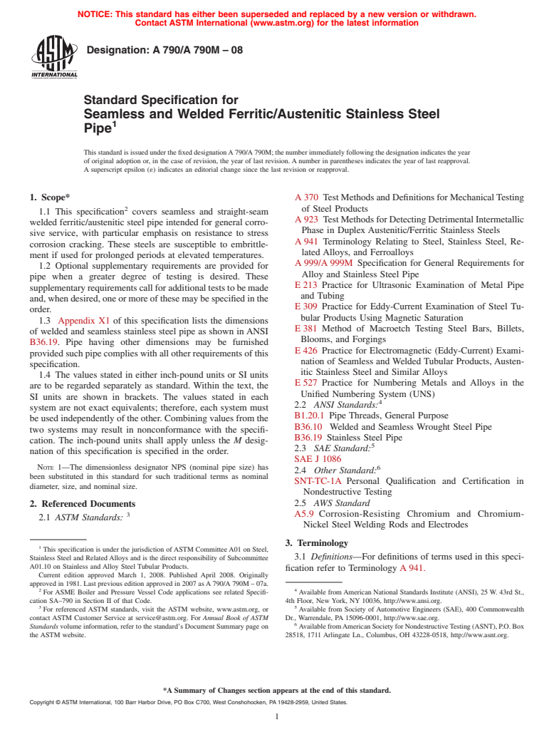 ASTM A790/A790M-08 - Standard Specification for  Seamless and Welded Ferritic/Austenitic Stainless Steel Pipe