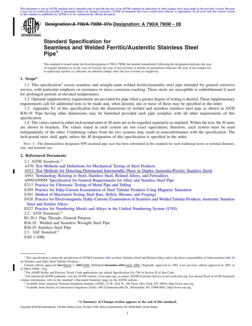 REDLINE ASTM A790/A790M-08 - Standard Specification for  Seamless and Welded Ferritic/Austenitic Stainless Steel Pipe