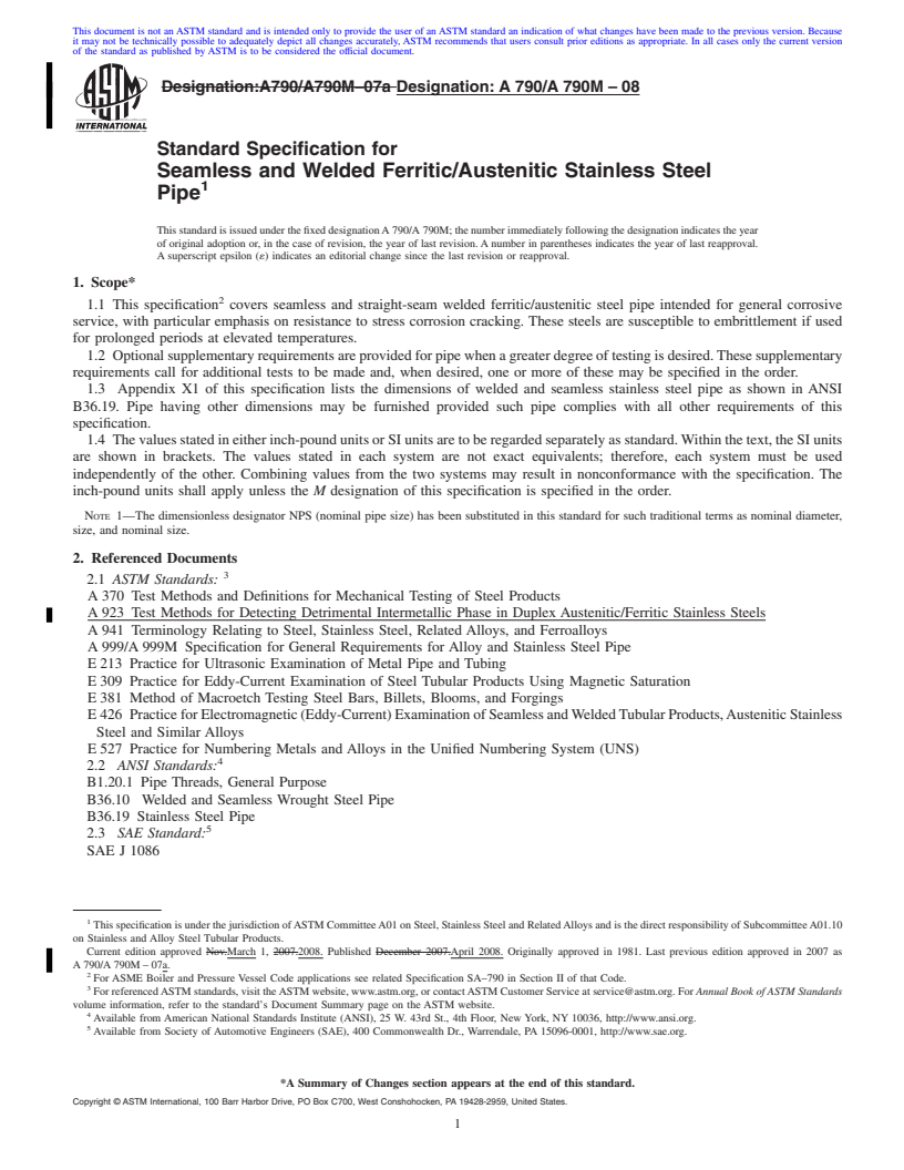 REDLINE ASTM A790/A790M-08 - Standard Specification for  Seamless and Welded Ferritic/Austenitic Stainless Steel Pipe