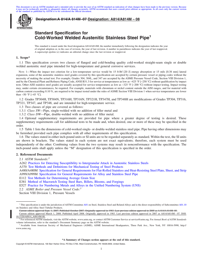 REDLINE ASTM A814/A814M-08 - Standard Specification for  Cold-Worked Welded Austenitic Stainless Steel Pipe