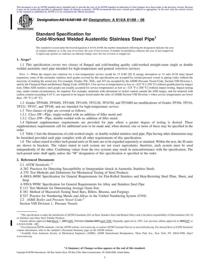 REDLINE ASTM A814/A814M-08 - Standard Specification for  Cold-Worked Welded Austenitic Stainless Steel Pipe