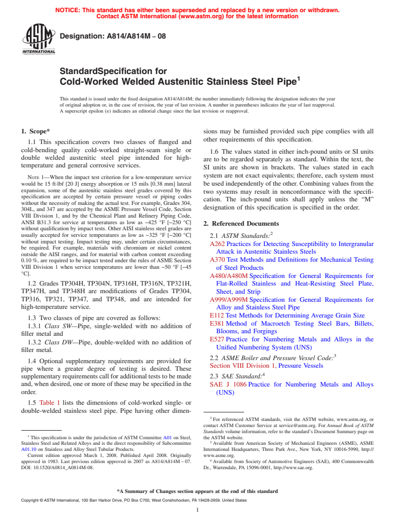 ASTM A814/A814M-08 - Standard Specification for  Cold-Worked Welded Austenitic Stainless Steel Pipe