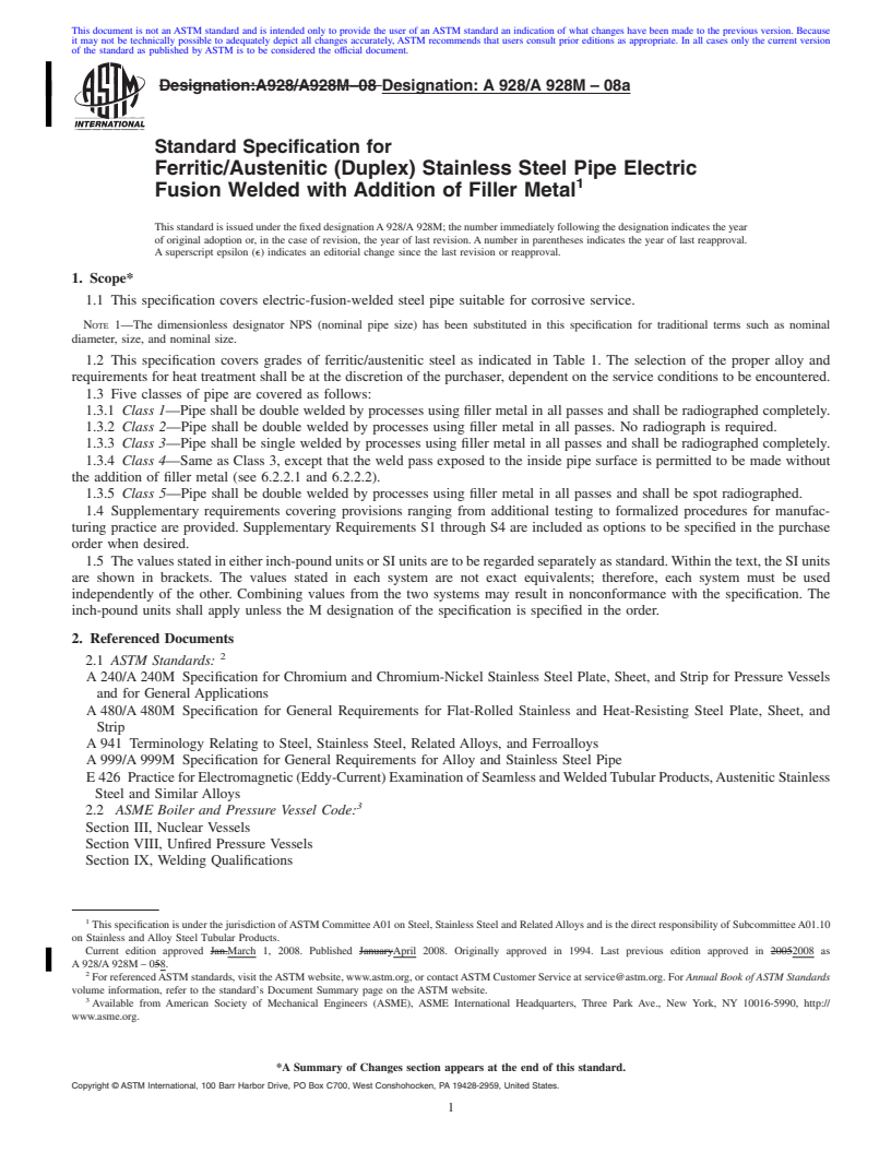 REDLINE ASTM A928/A928M-08a - Standard Specification for Ferritic/Austenitic (Duplex) Stainless Steel Pipe Electric Fusion Welded with Addition of Filler Metal