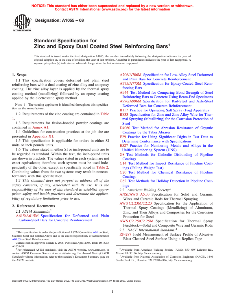 ASTM A1055-08 - Standard Specification for Zinc and Epoxy Dual Coated Steel Reinforcing Bars