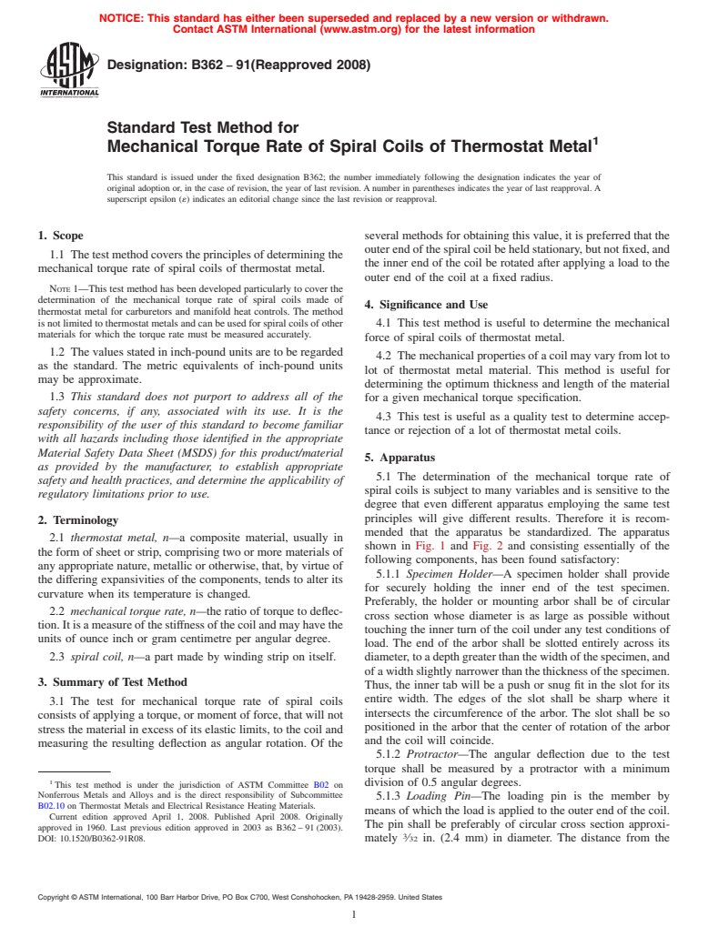 ASTM B362-91(2008) - Standard Test Method for  Mechanical Torque Rate of Spiral Coils of Thermostat Metal