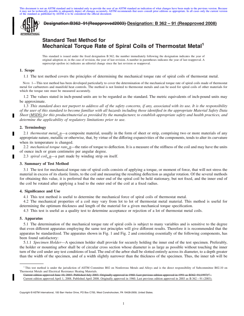 REDLINE ASTM B362-91(2008) - Standard Test Method for  Mechanical Torque Rate of Spiral Coils of Thermostat Metal