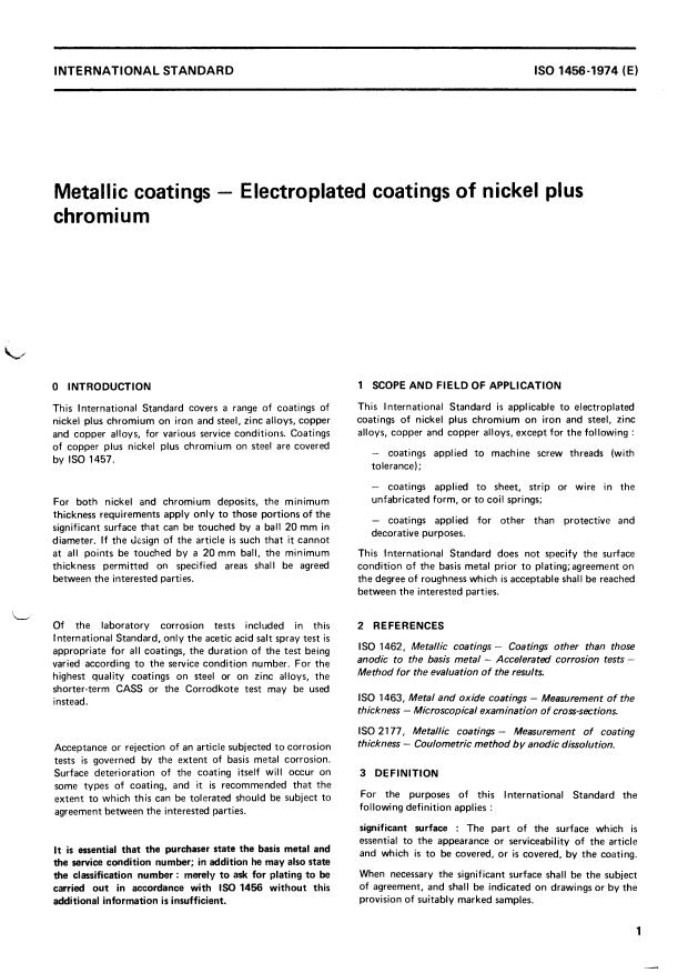 ISO 1456:1974 - Metallic coatings -- Electroplated coatings of nickel plus chromium