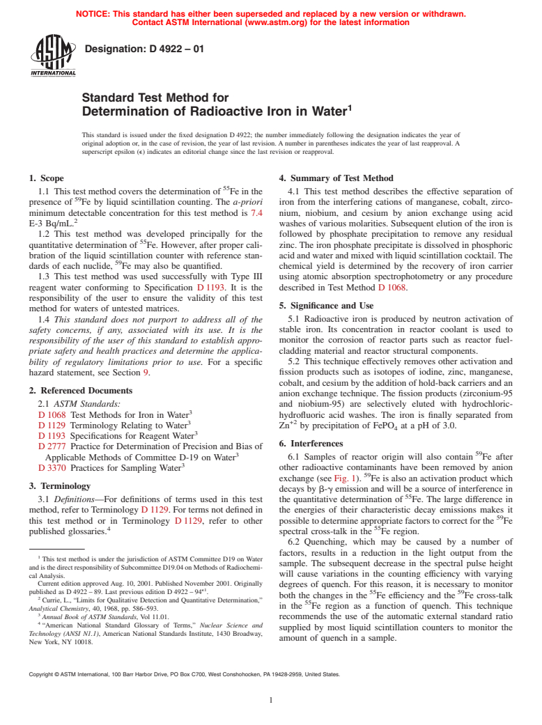 ASTM D4922-01 - Standard Test Method for Determination of Radioactive Iron in Water