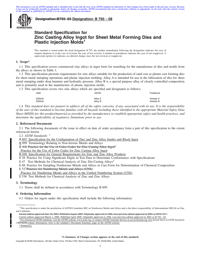 REDLINE ASTM B793-08 - Standard Specification for Zinc Casting Alloy Ingot for Sheet Metal Forming Dies and Plastic Injection   Molds