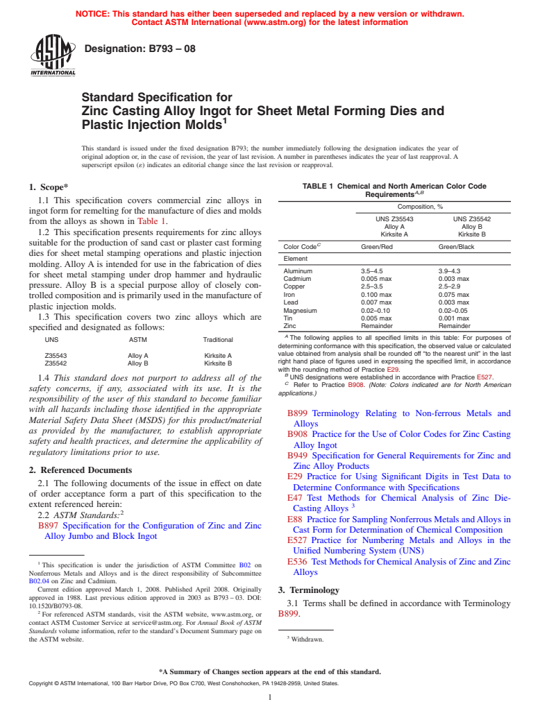 ASTM B793-08 - Standard Specification for Zinc Casting Alloy Ingot for Sheet Metal Forming Dies and Plastic Injection   Molds