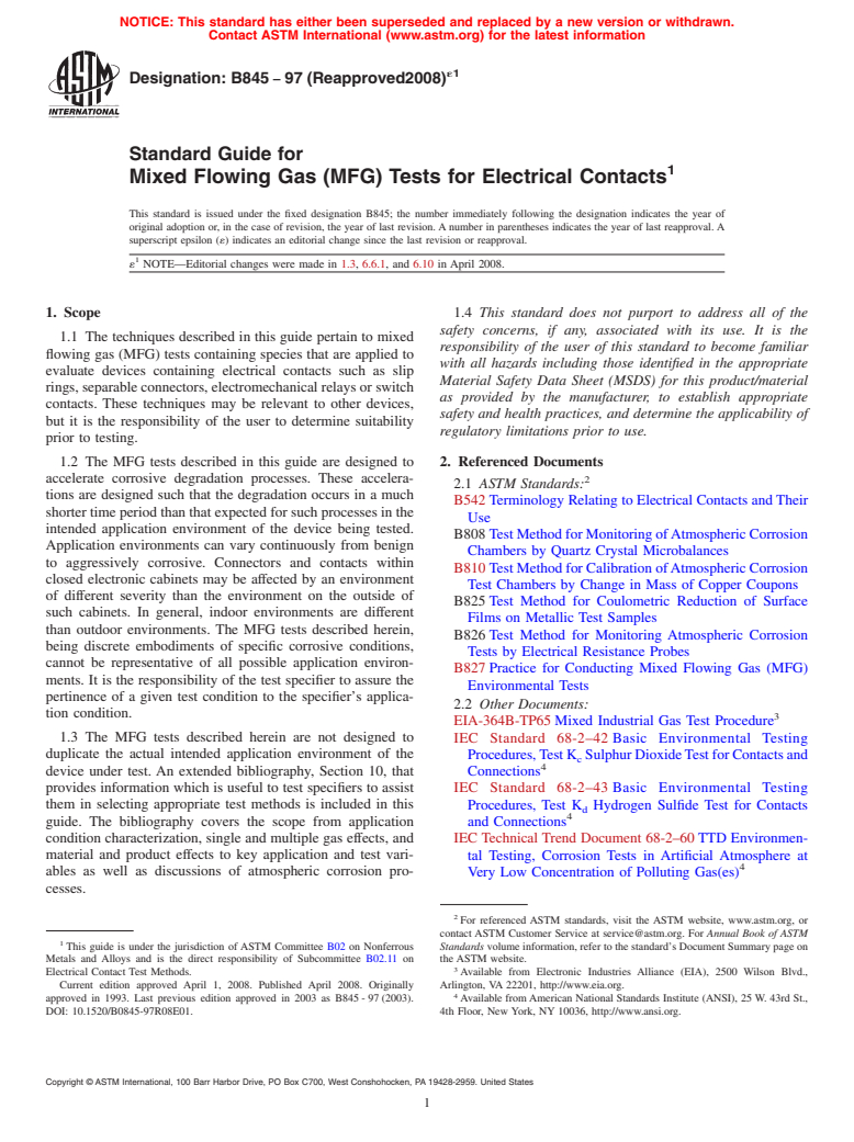 ASTM B845-97(2008)e1 - Standard Guide for Mixed Flowing Gas (MFG) Tests for Electrical Contacts