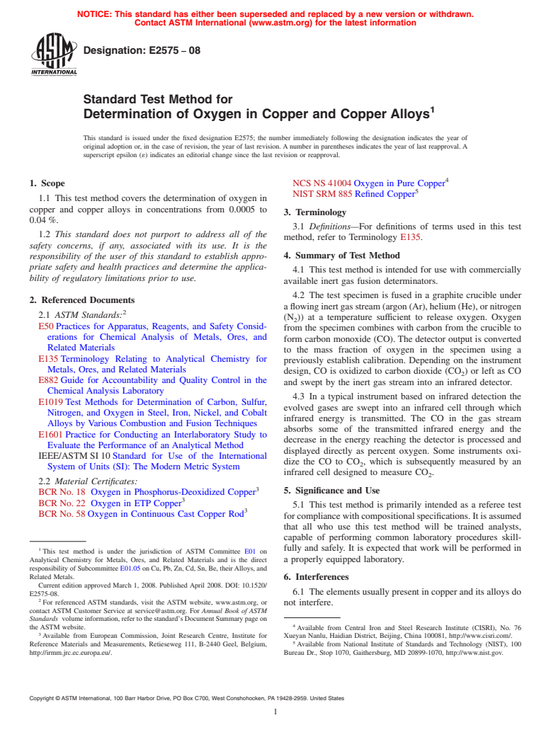 ASTM E2575-08 - Standard Test Method for Determination of Oxygen in Copper and Copper Alloys (Withdrawn 2017)