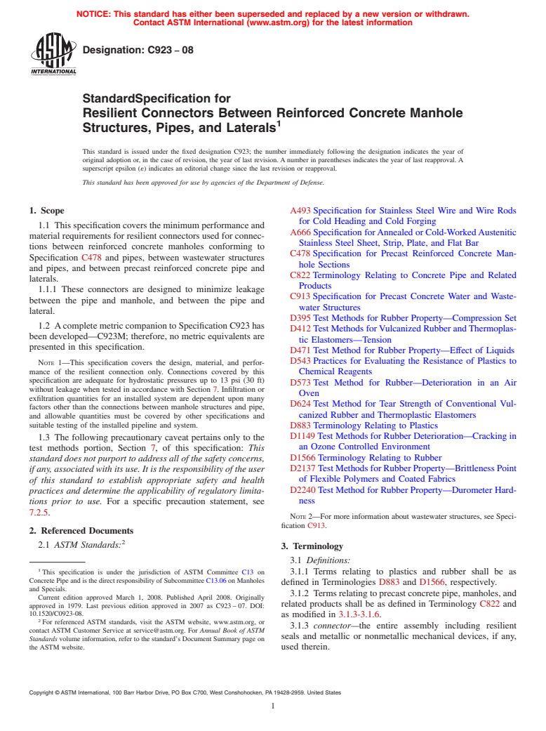 ASTM C923-08 - Standard Specification for  Resilient Connectors Between Reinforced Concrete Manhole Structures, Pipes, and Laterals