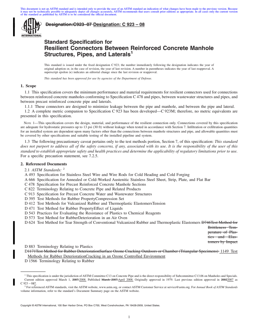 REDLINE ASTM C923-08 - Standard Specification for  Resilient Connectors Between Reinforced Concrete Manhole Structures, Pipes, and Laterals