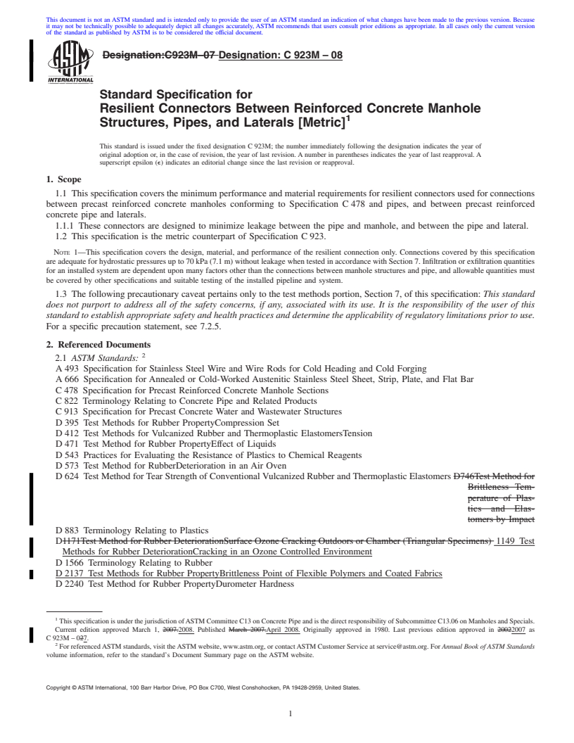 REDLINE ASTM C923M-08 - Standard Specification for  Resilient Connectors Between Reinforced Concrete Manhole Structures, Pipes, and Laterals (Metric)