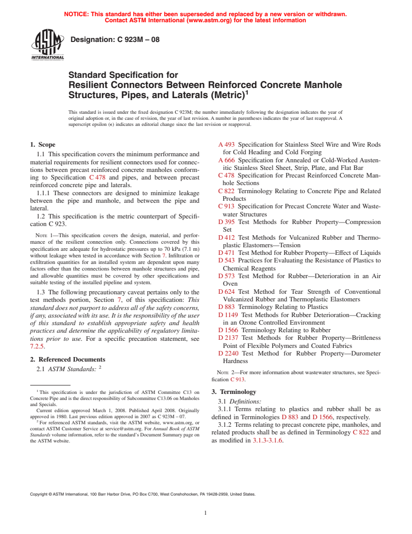 ASTM C923M-08 - Standard Specification for  Resilient Connectors Between Reinforced Concrete Manhole Structures, Pipes, and Laterals (Metric)