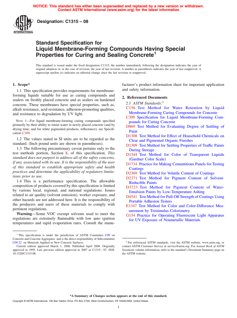 ASTM C1315-08 - Standard Specification for  Liquid Membrane-Forming Compounds Having Special Properties for Curing and Sealing Concrete