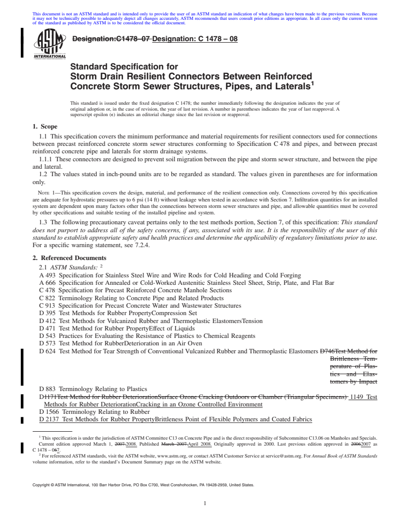 REDLINE ASTM C1478-08 - Standard Specification for Storm Drain Resilient Connectors Between Reinforced Concrete Storm Sewer Structures, Pipes, and Laterals