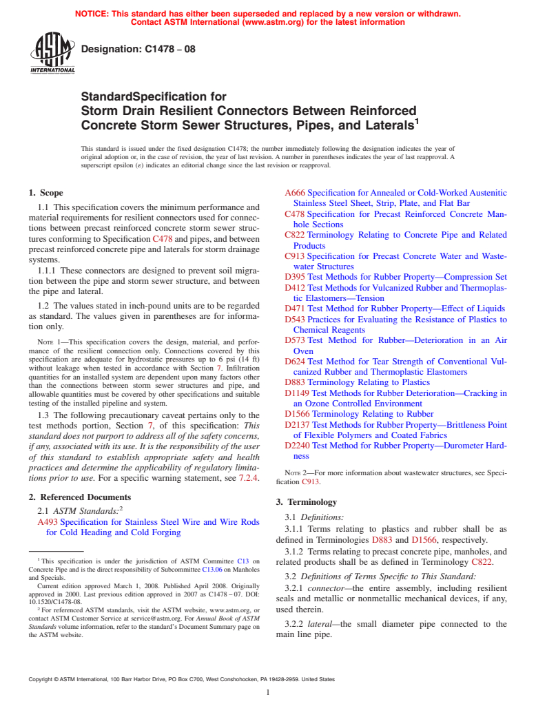 ASTM C1478-08 - Standard Specification for Storm Drain Resilient Connectors Between Reinforced Concrete Storm Sewer Structures, Pipes, and Laterals