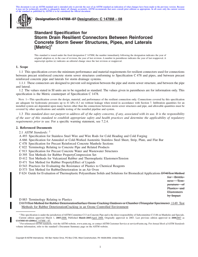 REDLINE ASTM C1478M-08 - Standard Specification for Storm Drain Resilient Connectors Between Reinforced Concrete Storm  Sewer Structures, Pipes, and Laterals (Metric)