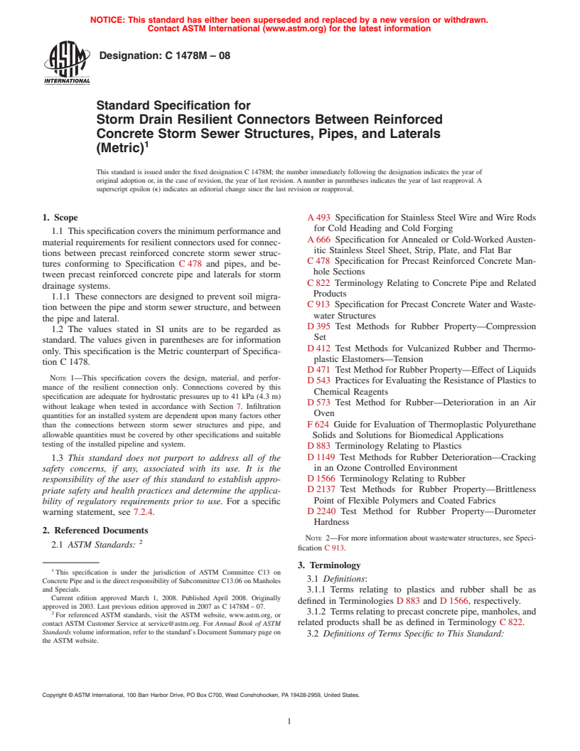 ASTM C1478M-08 - Standard Specification for Storm Drain Resilient Connectors Between Reinforced Concrete Storm  Sewer Structures, Pipes, and Laterals (Metric)