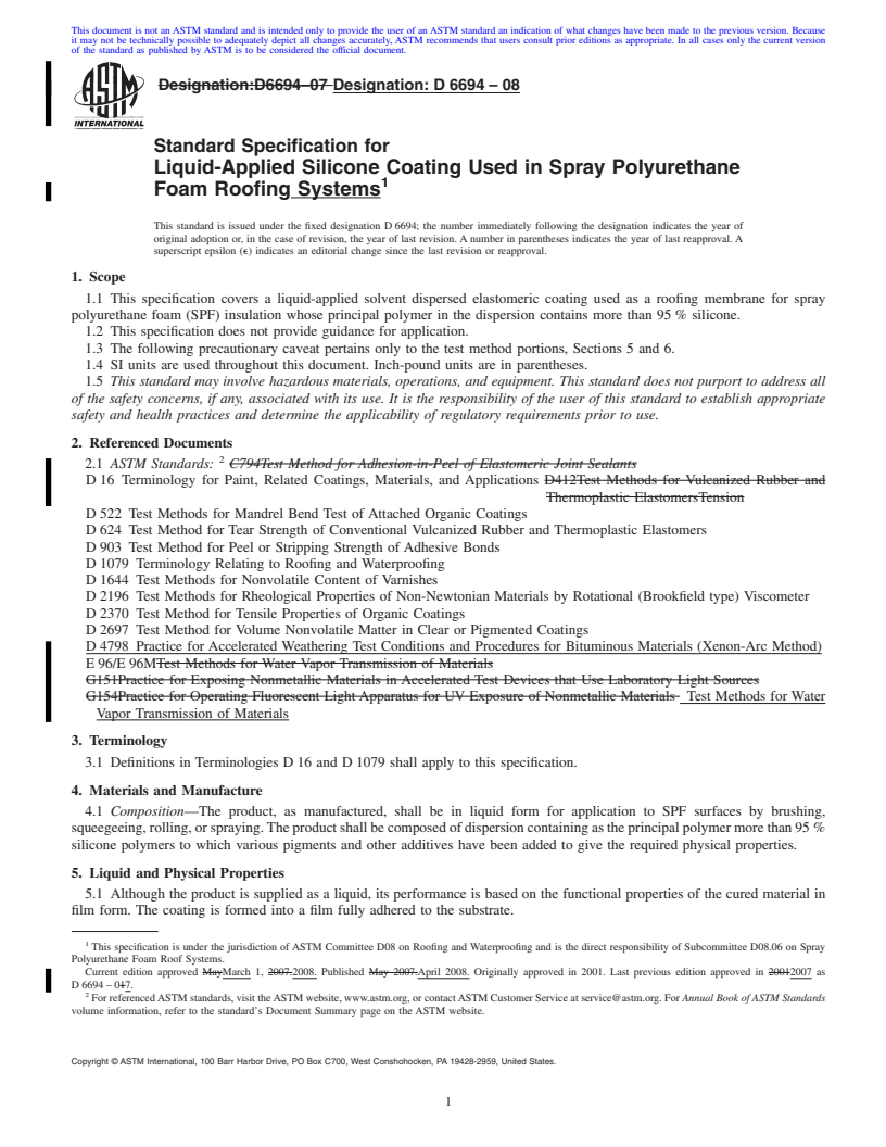 REDLINE ASTM D6694-08 - Standard Specification for Liquid-Applied Silicone Coating Used in Spray Polyurethane Foam Roofing Systems