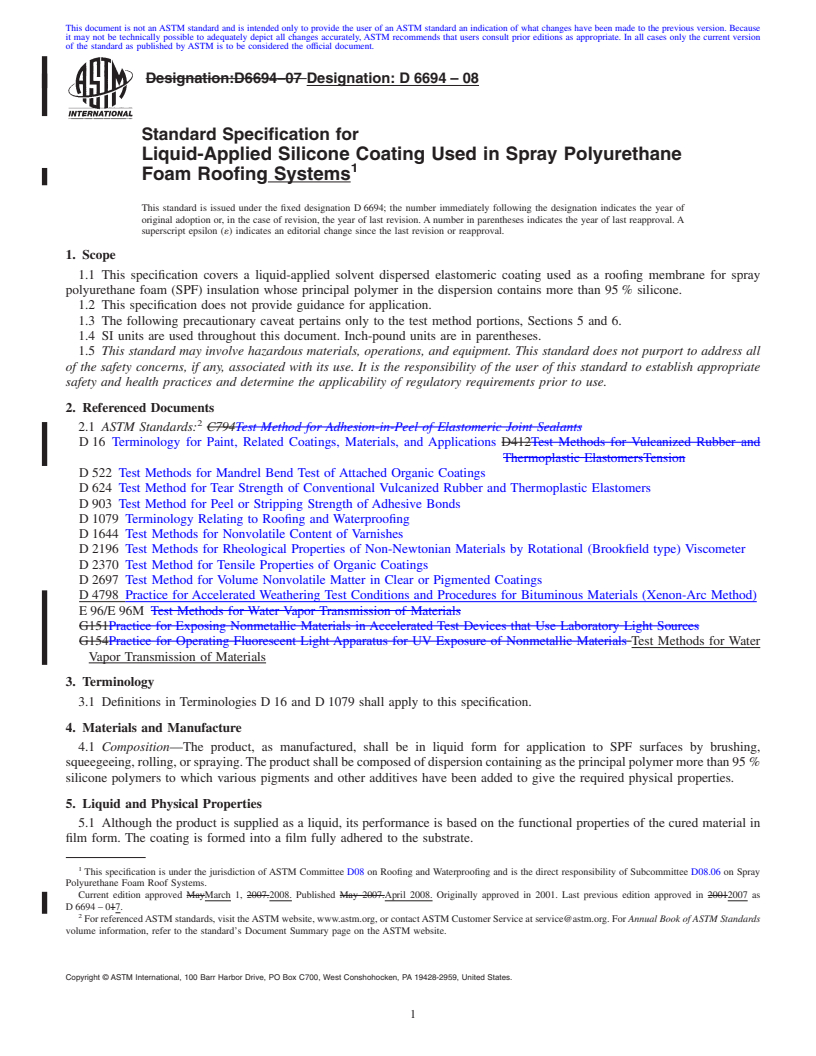 REDLINE ASTM D6694-08 - Standard Specification for Liquid-Applied Silicone Coating Used in Spray Polyurethane Foam Roofing Systems