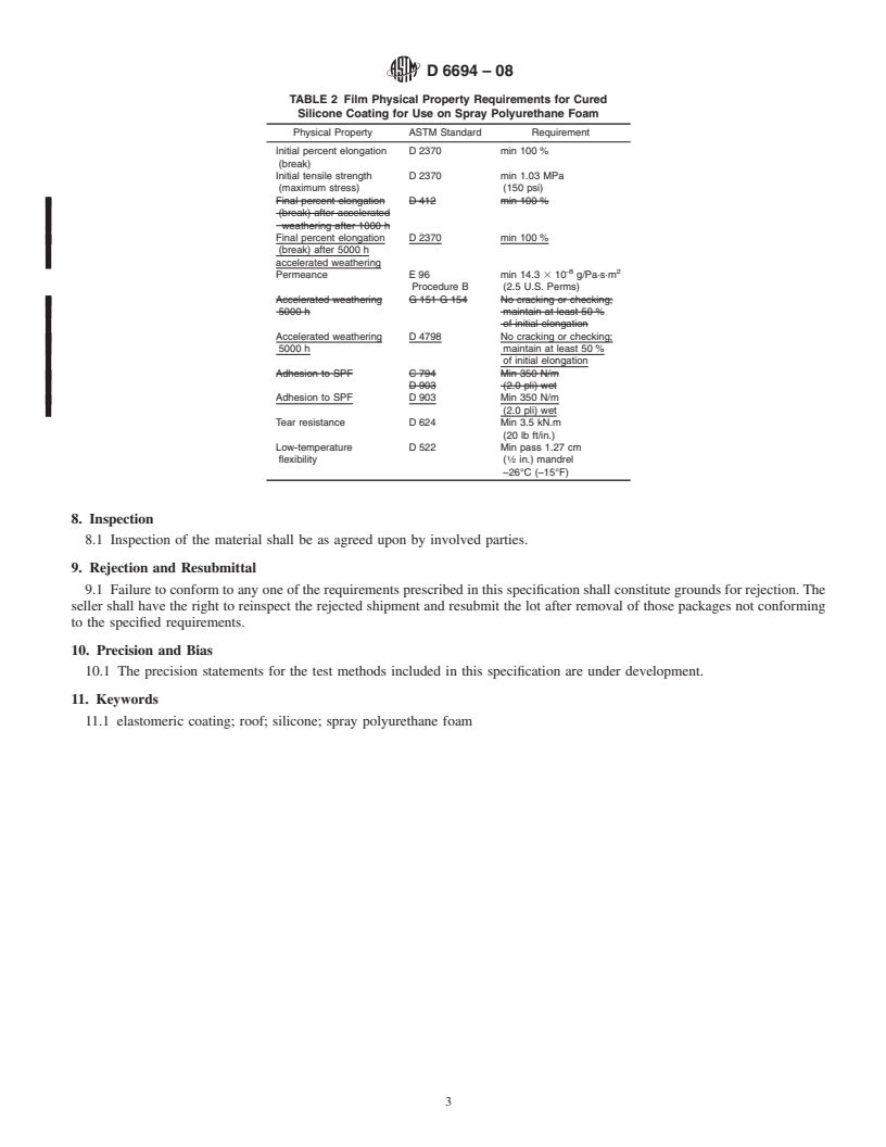 REDLINE ASTM D6694-08 - Standard Specification for Liquid-Applied Silicone Coating Used in Spray Polyurethane Foam Roofing Systems