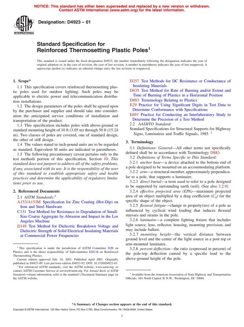 ASTM D4923-01 - Standard Specification for Reinforced Thermosetting Plastic Poles (Withdrawn 2010)