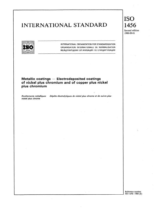 ISO 1456:1988 - Metallic coatings -- Electrodeposited coatings of nickel plus chromium and of copper plus nickel plus chromium