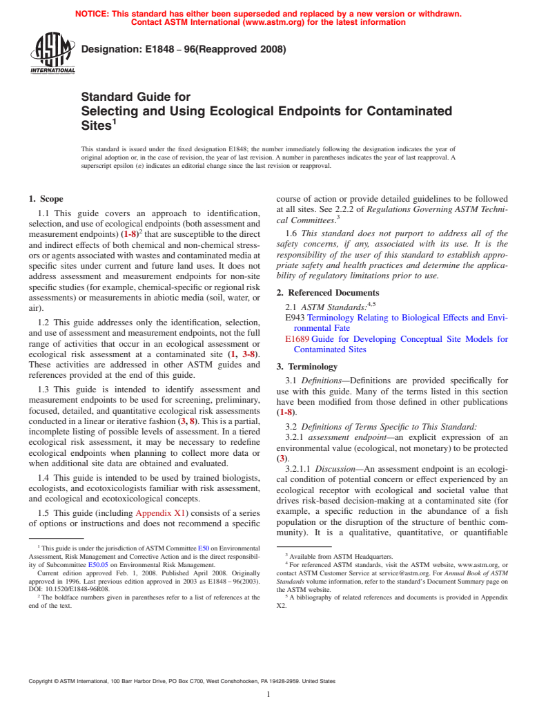 ASTM E1848-96(2008) - Standard Guide for  Selecting and Using Ecological Endpoints for Contaminated Sites