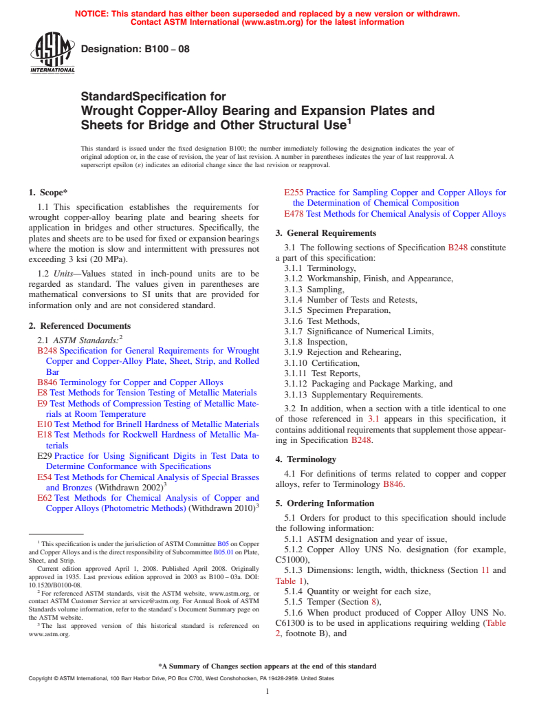 ASTM B100-08 - Standard Specification for  Wrought Copper-Alloy Bearing and Expansion Plates and Sheets for Bridge and Other Structural Use