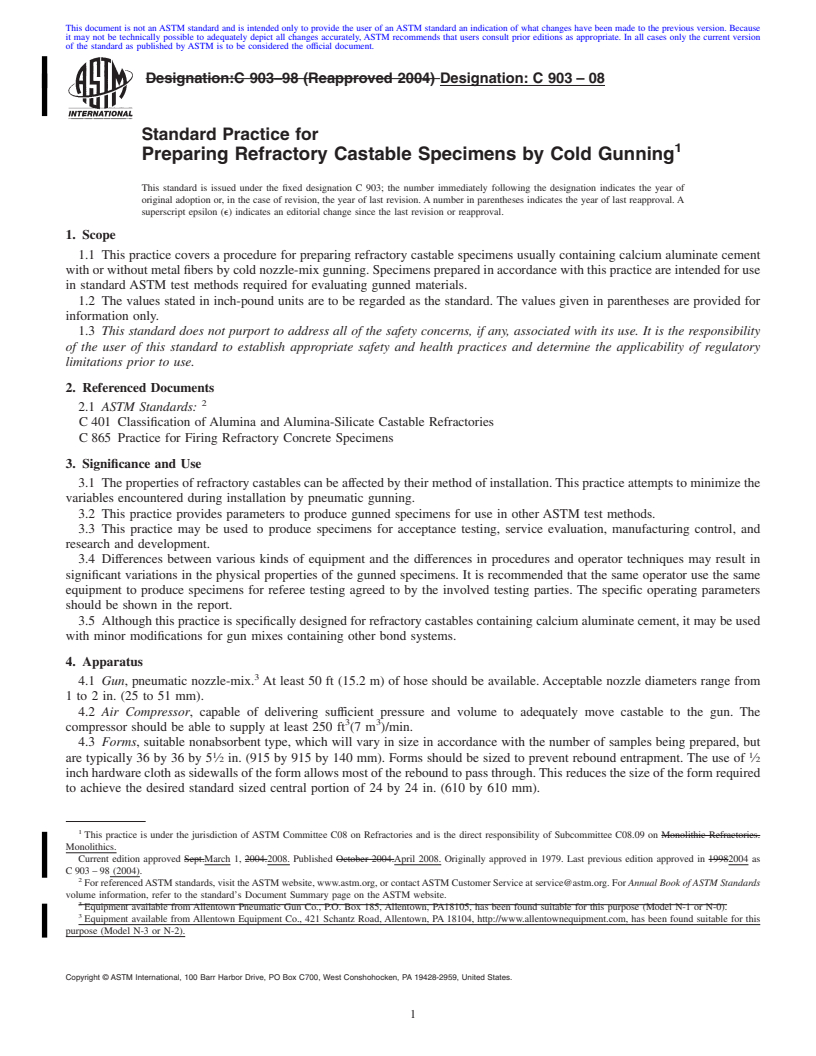 REDLINE ASTM C903-08 - Standard Practice for Preparing Refractory Castable Specimens by Cold Gunning