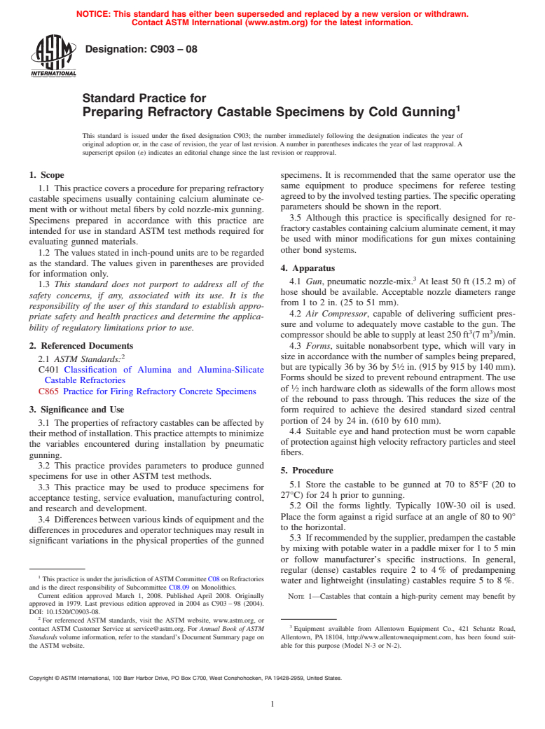 ASTM C903-08 - Standard Practice for Preparing Refractory Castable Specimens by Cold Gunning