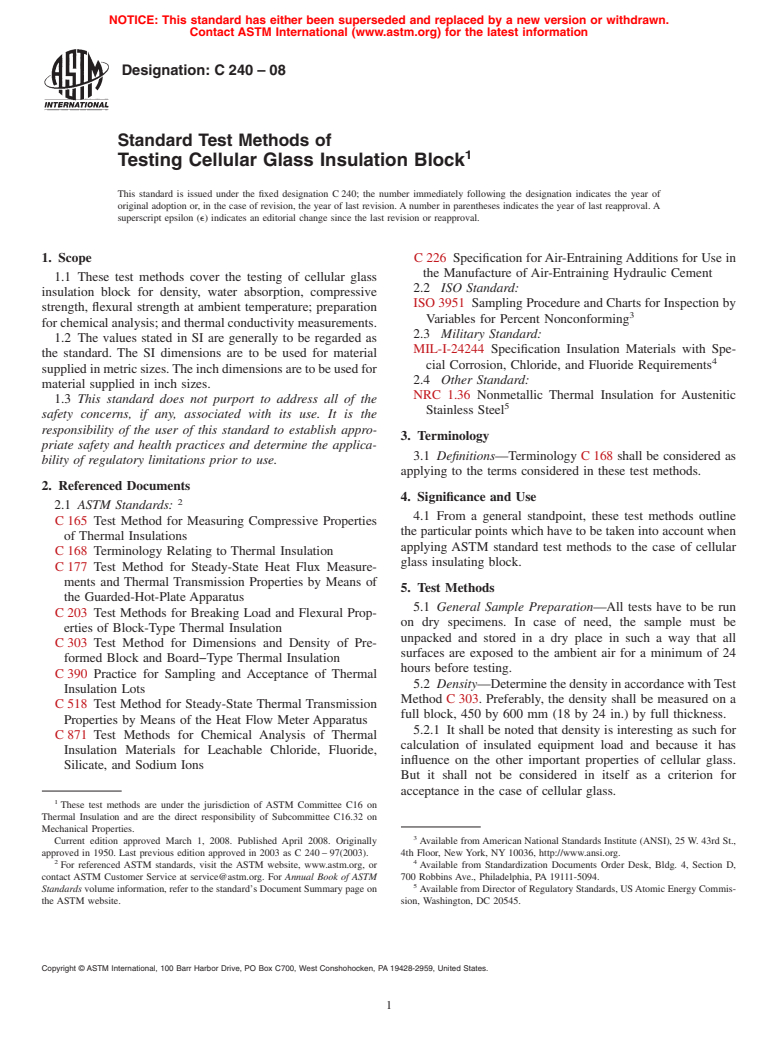 ASTM C240-08 - Standard Test Methods of  Testing Cellular Glass Insulation Block