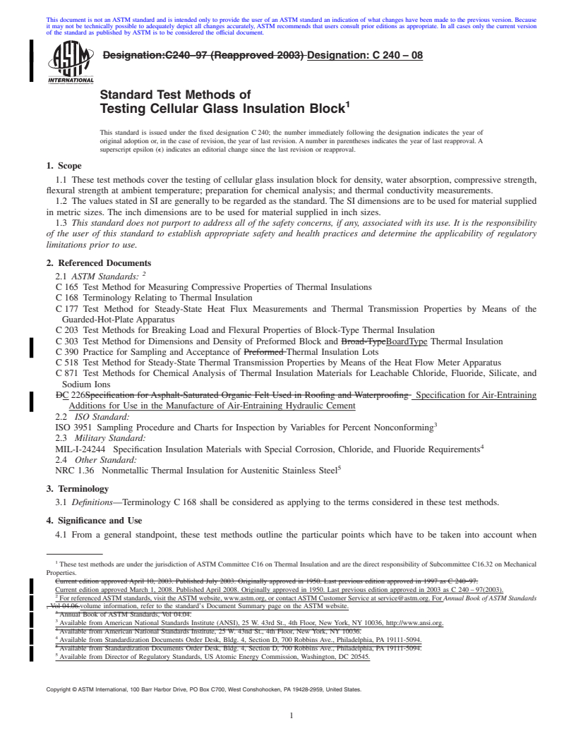 REDLINE ASTM C240-08 - Standard Test Methods of  Testing Cellular Glass Insulation Block