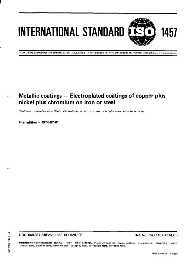 ISO 1457:1974 - Metallic coatings -- Electroplated coatings of copper plus nickel plus chromium on iron or steel