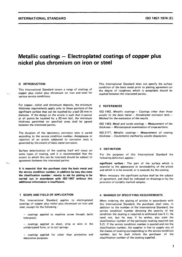 ISO 1457:1974 - Metallic coatings -- Electroplated coatings of copper plus nickel plus chromium on iron or steel
