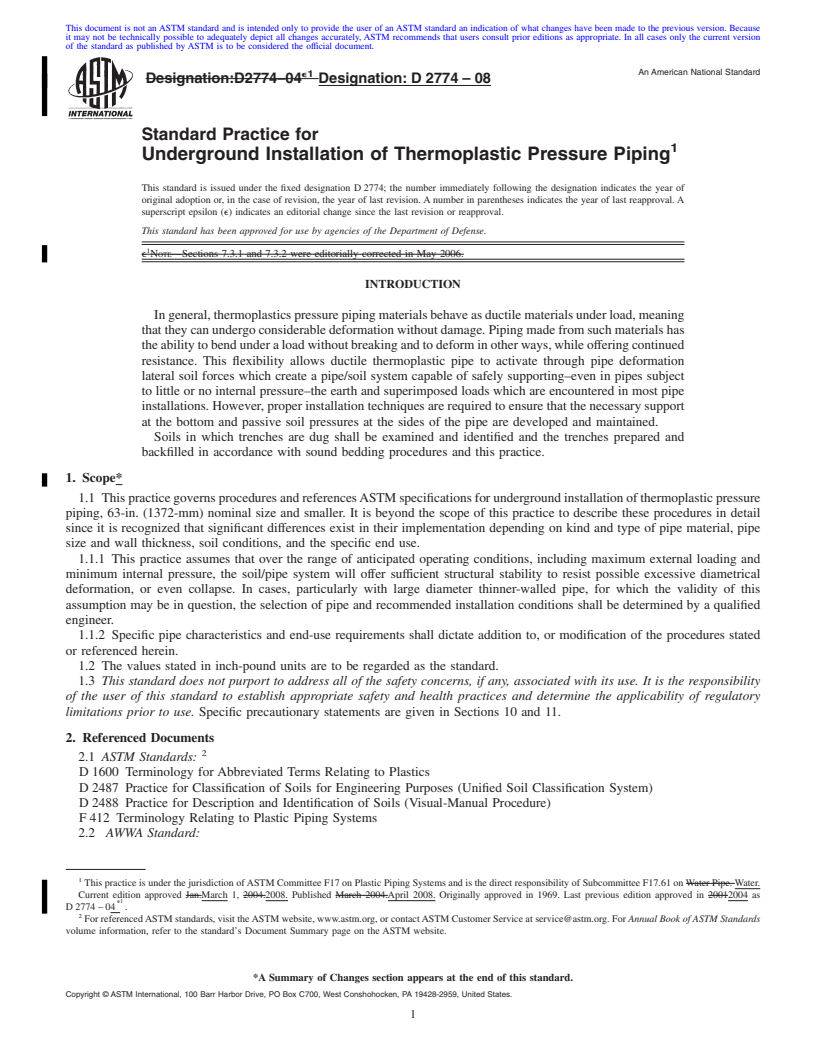 REDLINE ASTM D2774-08 - Standard Practice for Underground Installation of Thermoplastic Pressure Piping